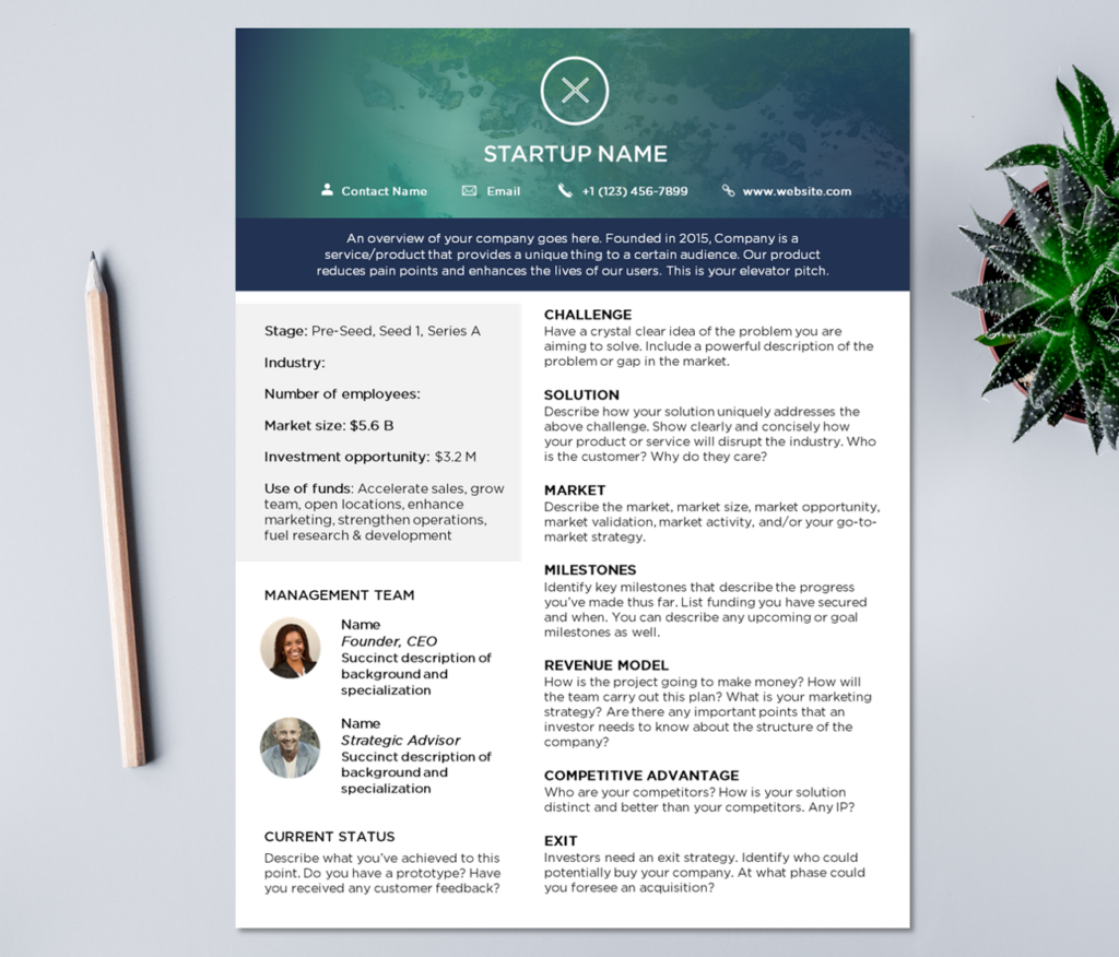startup one pager template for investors
